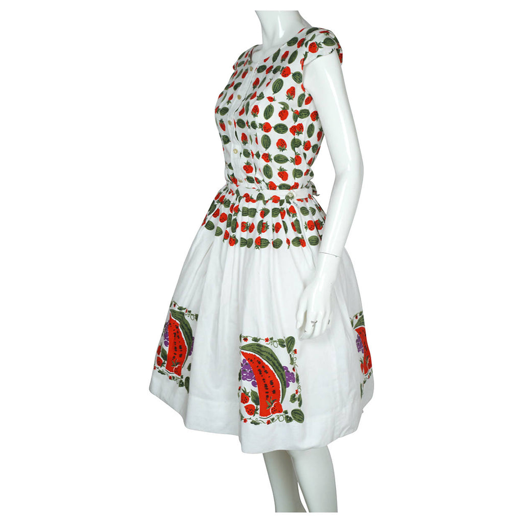Vintage 1950s Top & Skirt Set Strawberry & Watermelon Print 2 Piece Cotton Pique - Poppy's Vintage Clothing