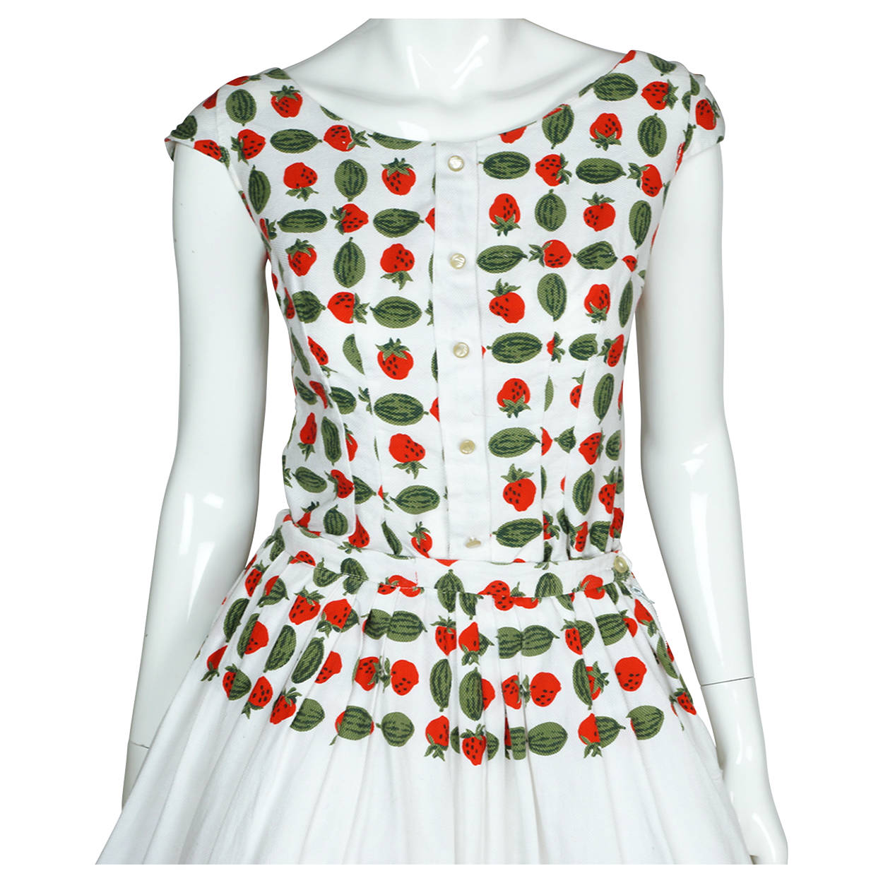 Vintage 1950s Top & Skirt Set Strawberry & Watermelon Print 2 Piece Cotton Pique - Poppy's Vintage Clothing