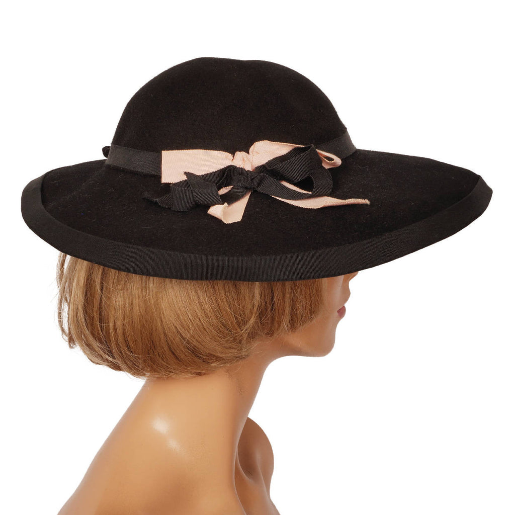 Vintage 1940s Wide Brim Black Felt Hat Ladies Size M - Poppy's Vintage Clothing