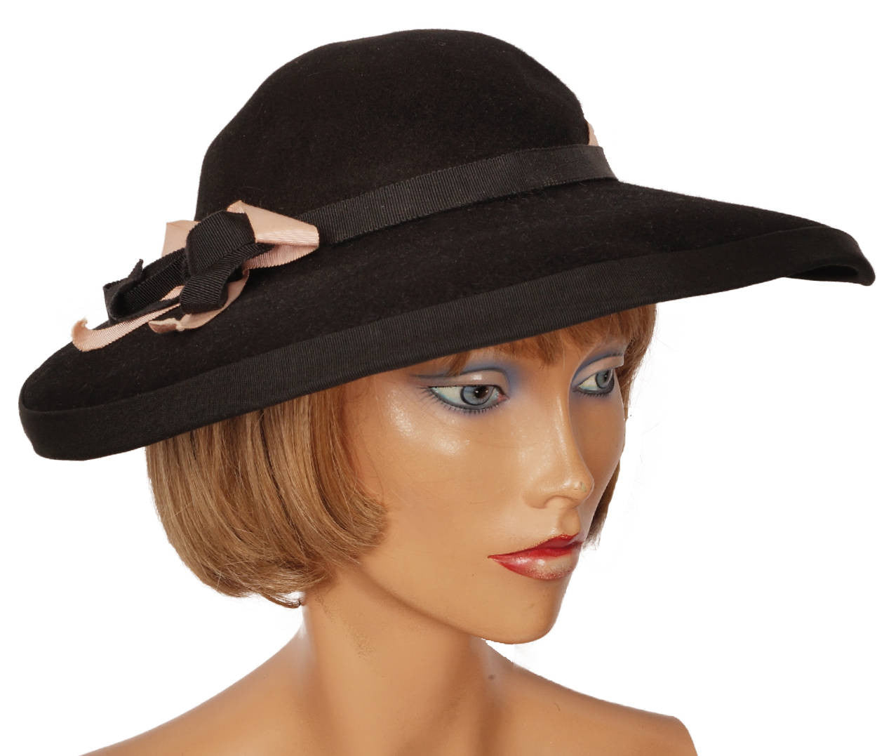 Vintage 1940s Wide Brim Black Felt Hat Ladies Size M - Poppy's Vintage Clothing