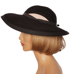 Vintage 1940s Wide Brim Black Felt Hat Ladies Size M - Poppy's Vintage Clothing