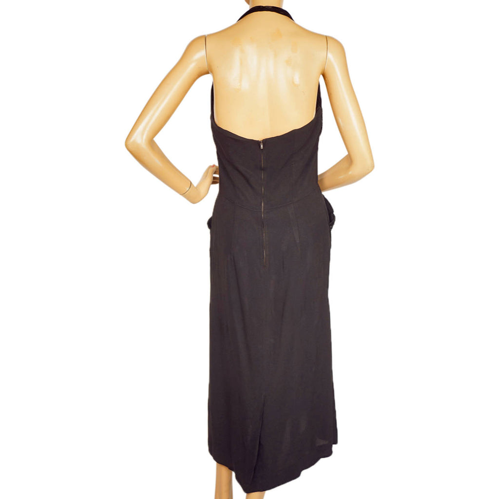 Vintage 1950s Bombshell Halter Dress Black Crepe w Beaded Velvet Size Medium - Poppy's Vintage Clothing