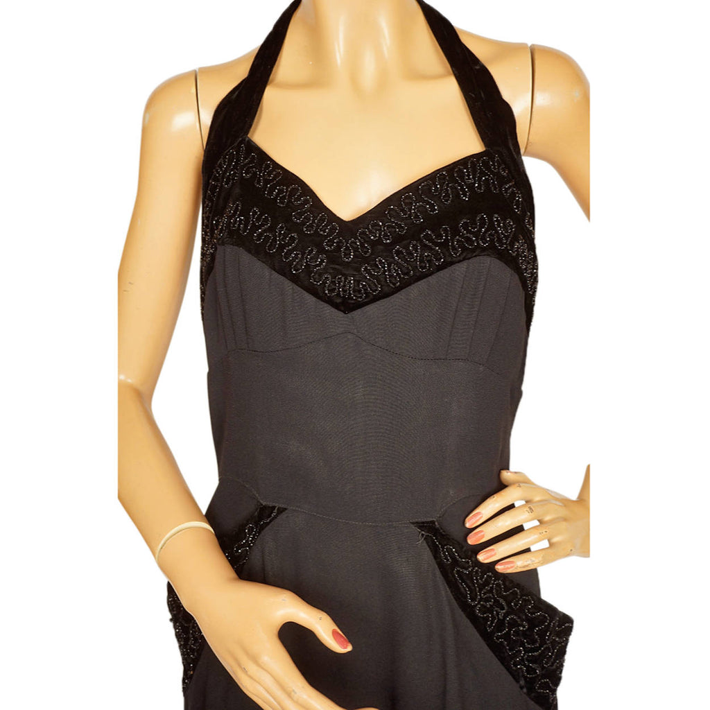 Vintage 1950s Bombshell Halter Dress Black Crepe w Beaded Velvet Size Medium - Poppy's Vintage Clothing