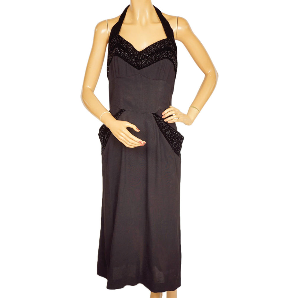Vintage 1950s Bombshell Halter Dress Black Crepe w Beaded Velvet Size Medium - Poppy's Vintage Clothing