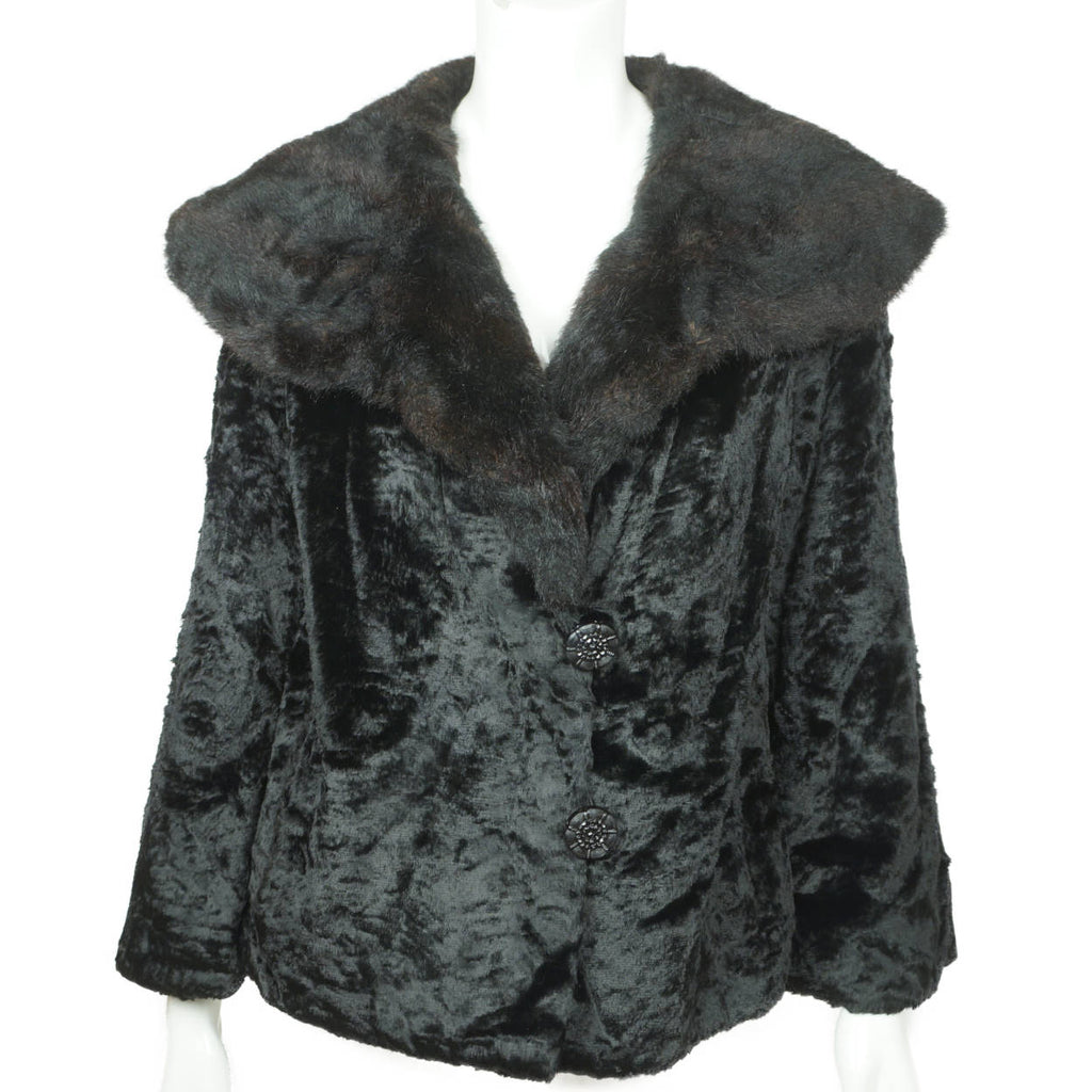 Vintage 1950s Black Velvet Faux Fur Jacket Short Coat Ladies Size M - Poppy's Vintage Clothing