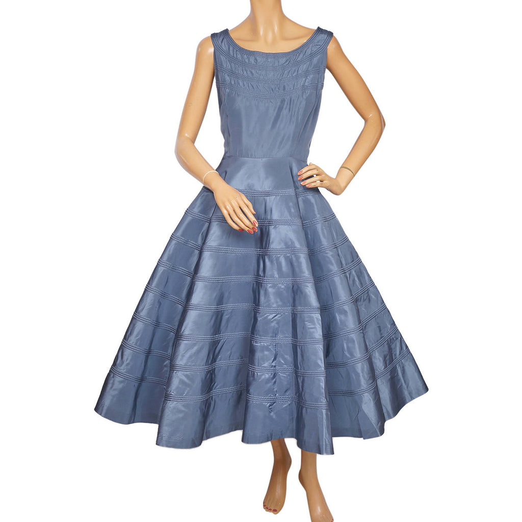 Vintage 50s Dress Blue Taffeta with Circular Detailing M L - Poppy's Vintage Clothing