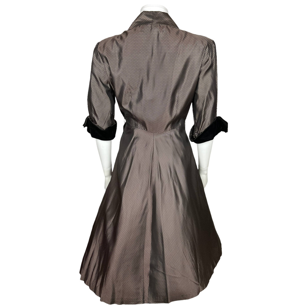 Vintage 1950s Taffeta Dress with Black Velvet Trim Size M