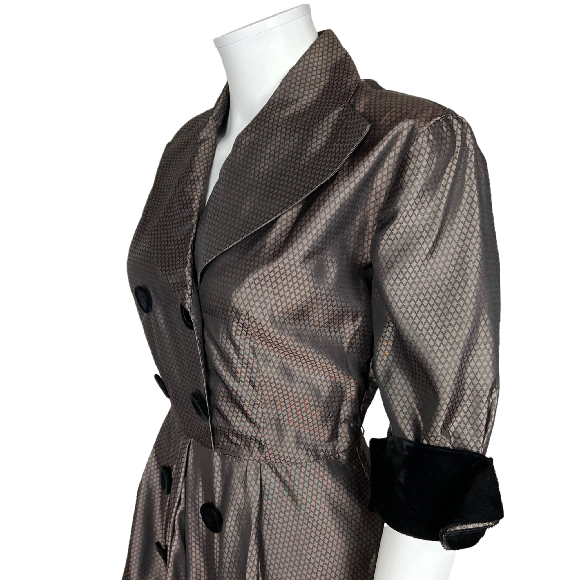Vintage 1950s Taffeta Dress with Black Velvet Trim Size M