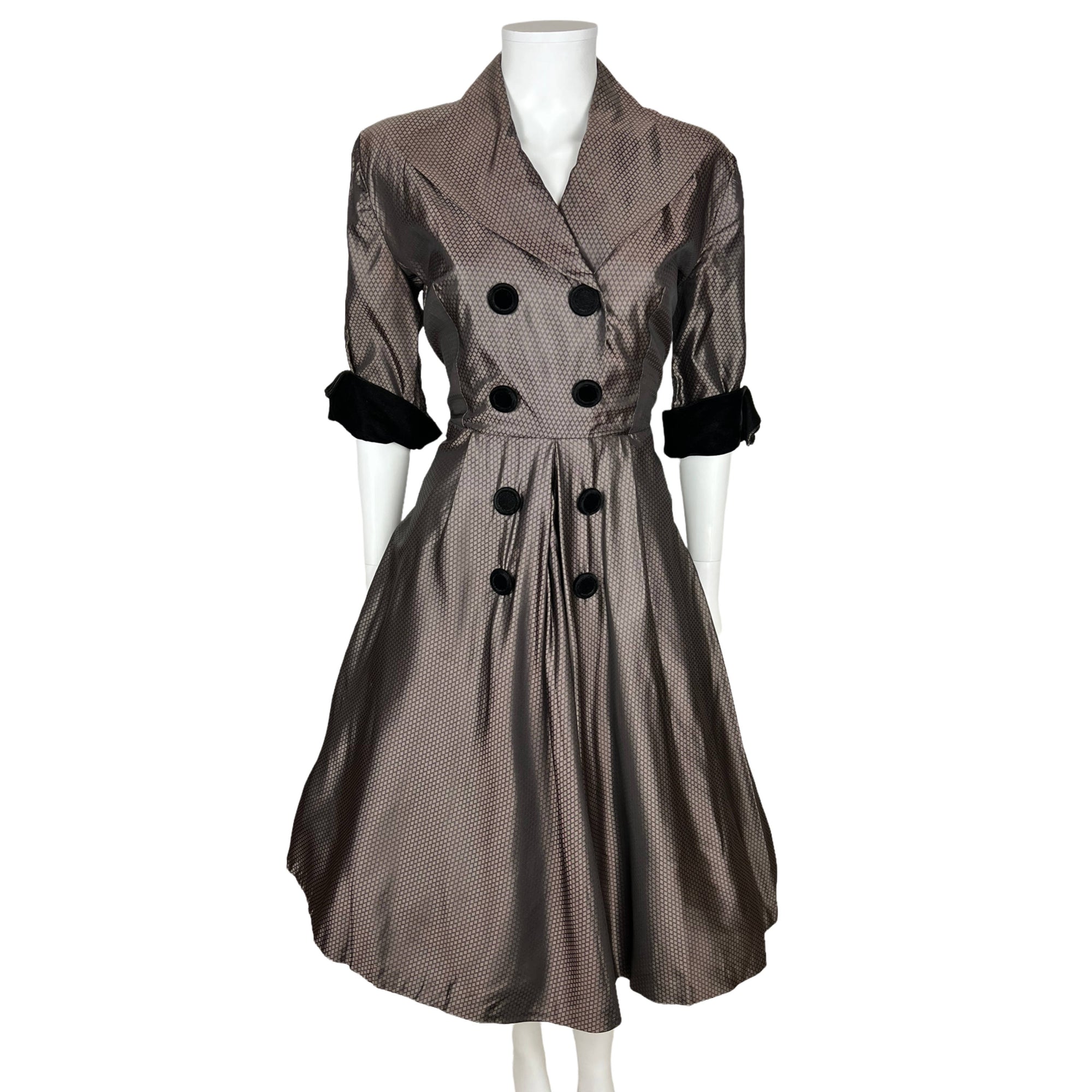 Vintage 1950s Taffeta Dress with Black Velvet Trim Size M