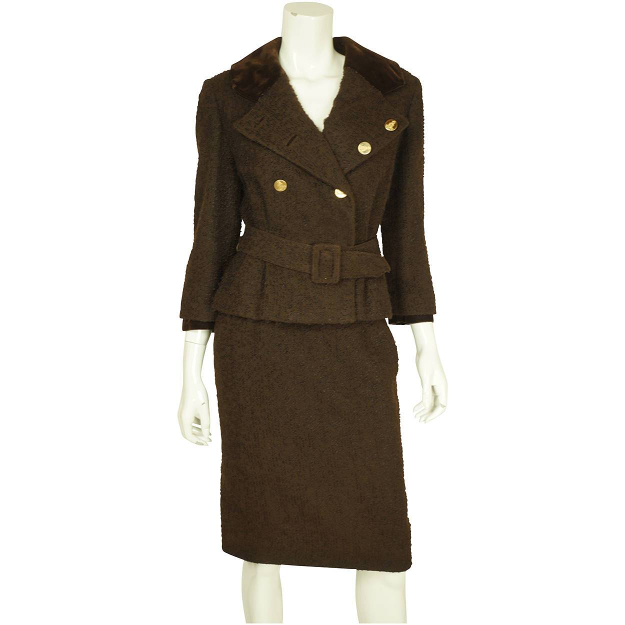 Vintage 1950s Skirt Suit Brown Boucle Wool Hand Tailored Size S M