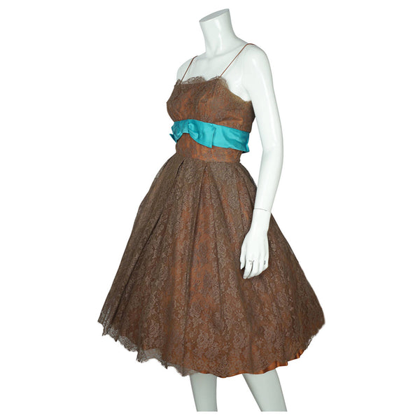 Vintage 50s Prom Dress Brown Chantilly Lace Size S - Poppy's Vintage Clothing