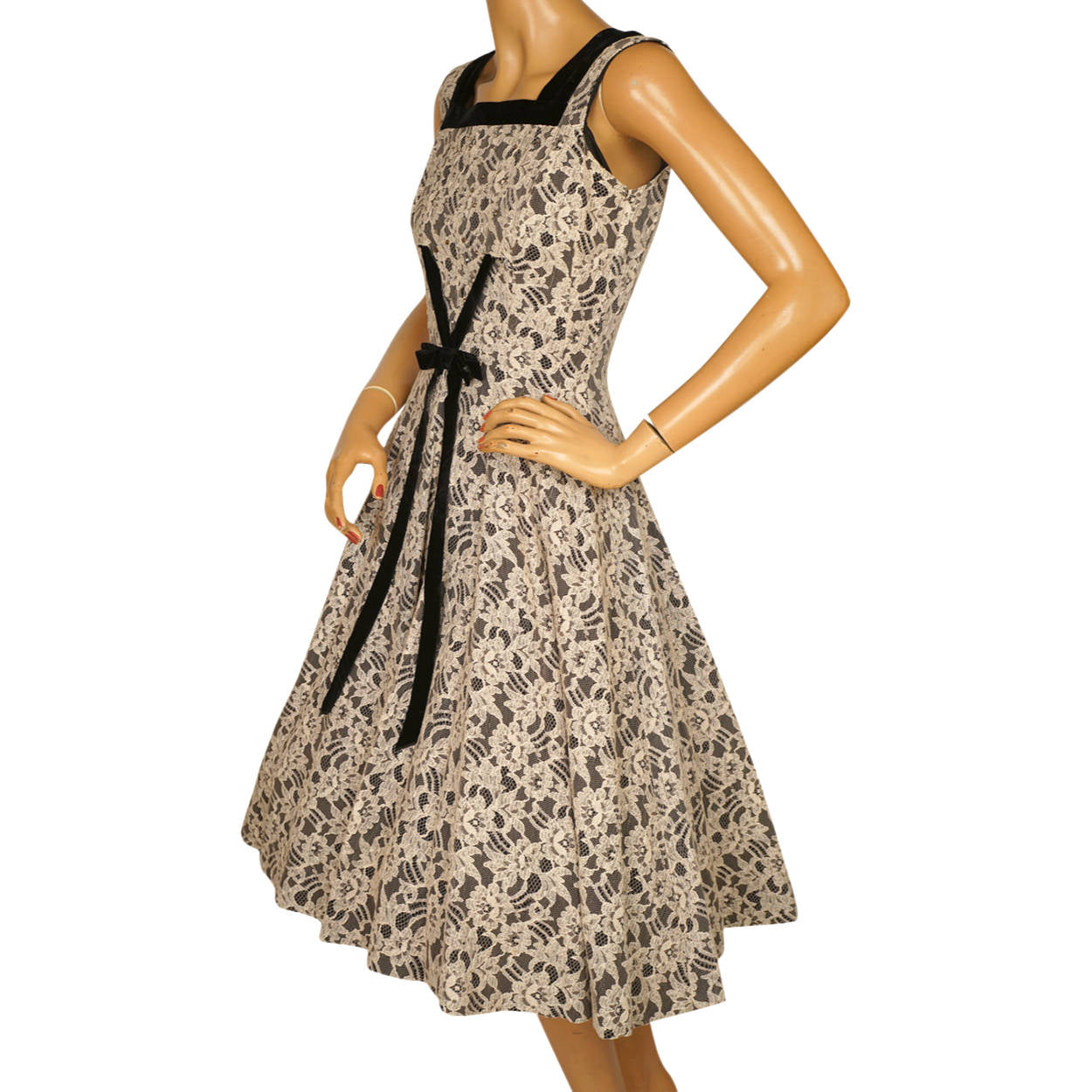 Vintage 1950s Lace Crinoline Dress with Black Velvet Trim Size M - Poppy's Vintage Clothing