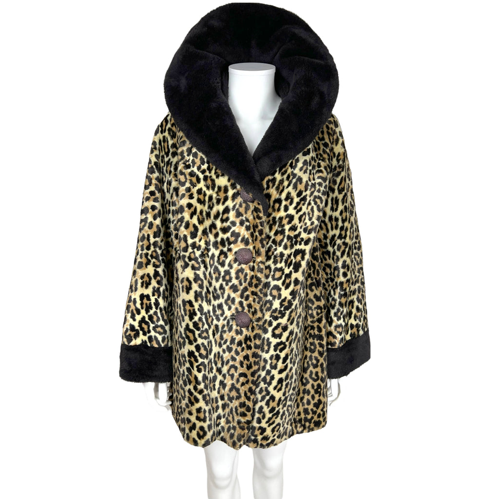 Vintage 1950s Leopard Print Coat Faux Fur Acrylic Pile Sz M