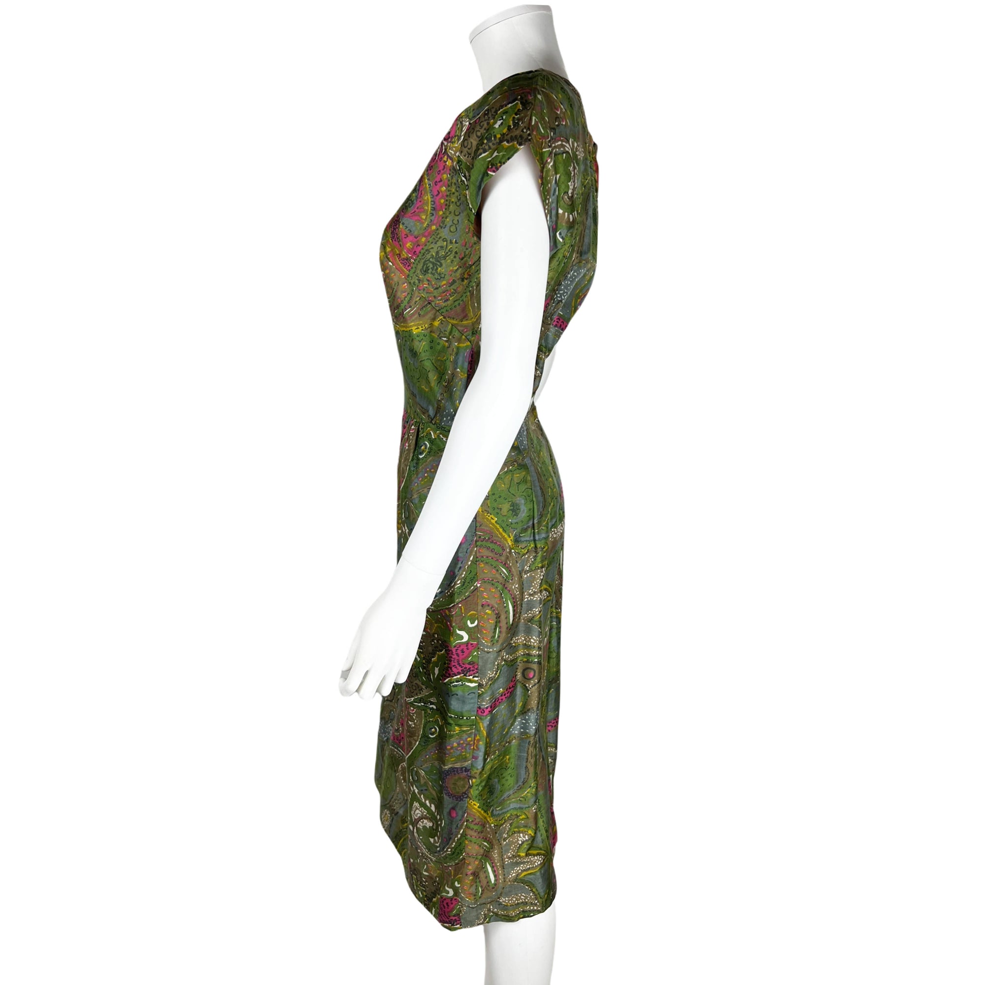 Vintage 1950s Silk Dress Abstract Floral Print Size M L