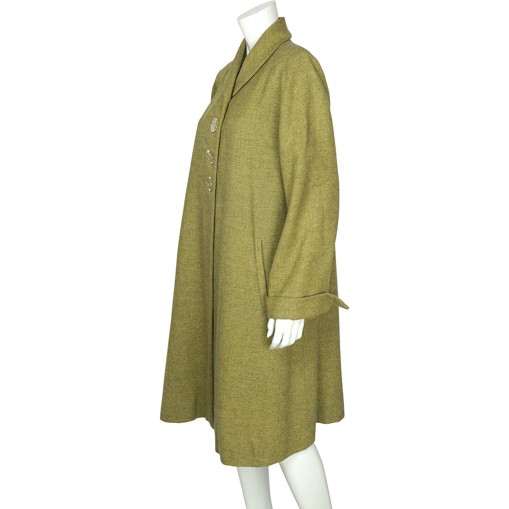 Vintage 1950s Coat Green Herringbone Tweed Wool Ladies Size M L - Poppy's Vintage Clothing
