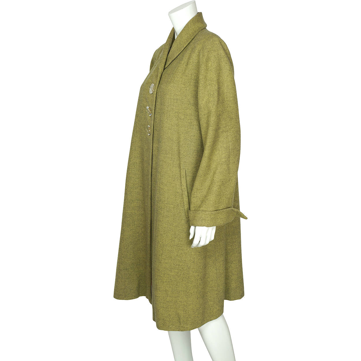 Vintage 1950s Coat Green Herringbone Tweed Wool Ladies Size M L - Poppy's Vintage Clothing