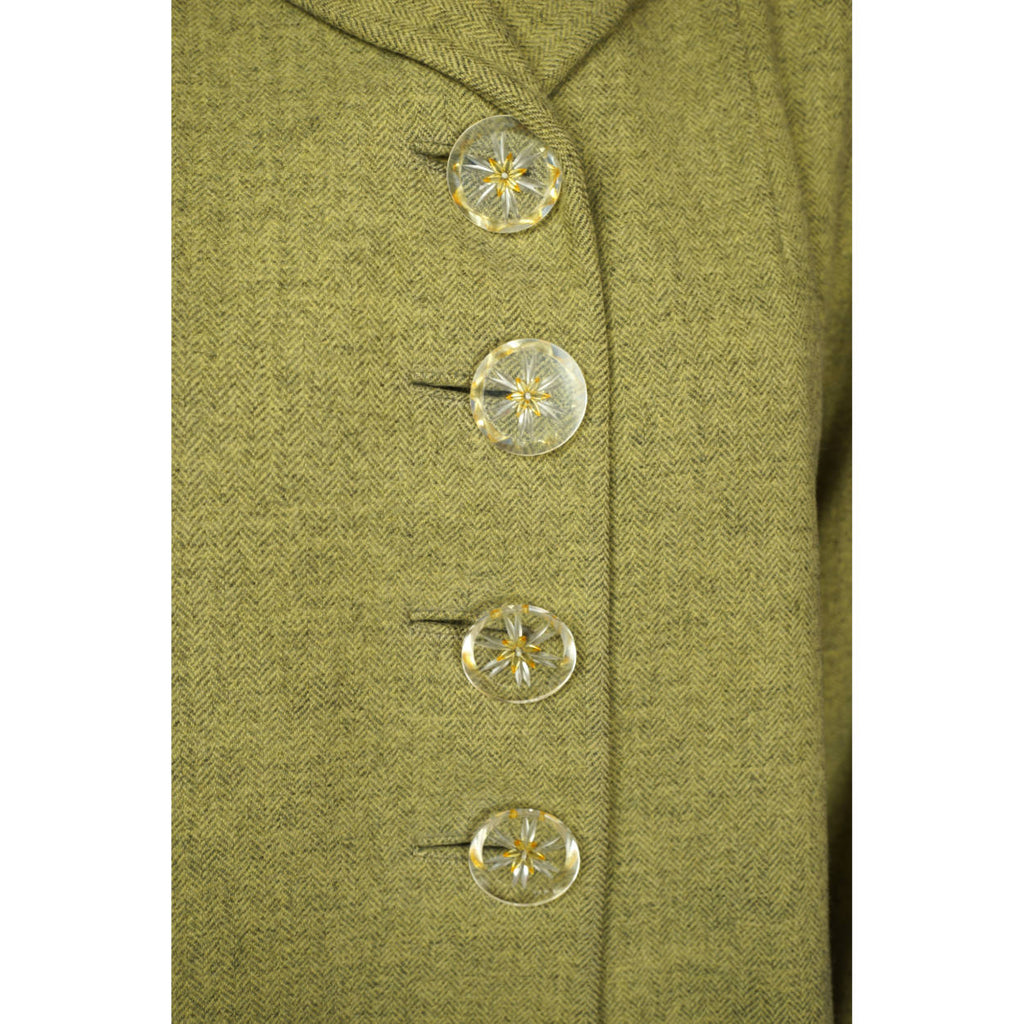 Vintage 1950s Coat Green Herringbone Tweed Wool Ladies Size M L - Poppy's Vintage Clothing