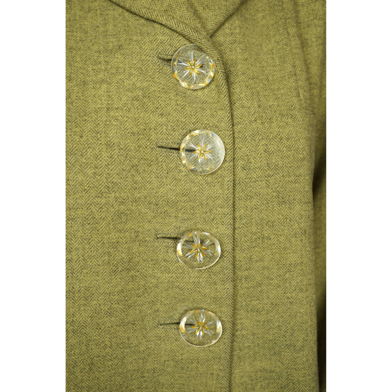 Vintage 1950s Coat Green Herringbone Tweed Wool Ladies Size M L - Poppy's Vintage Clothing