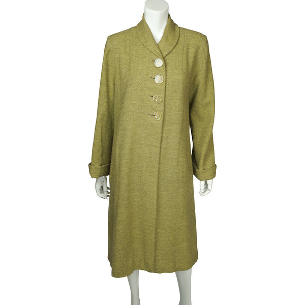 Vintage 1950s Coat Green Herringbone Tweed Wool Ladies Size M L - Poppy's Vintage Clothing