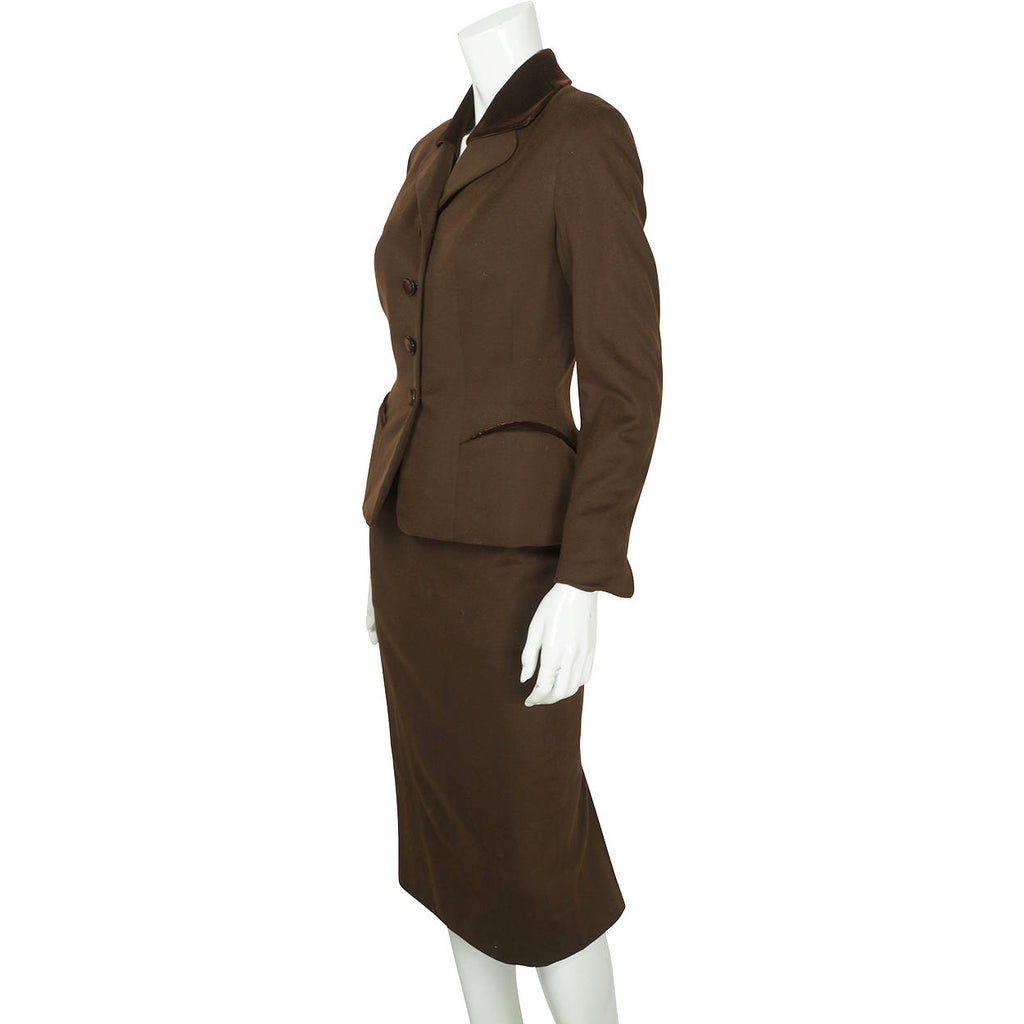 Vintage 1950s Skirt Suit Brown Wool Meme Dysthe Montreal Designer Morgans Sz S M - Poppy's Vintage Clothing