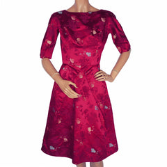 Vintage 1960s Dress Magenta Red Silk Asian Fans Title Original Size S 23” Waist - Poppy's Vintage Clothing