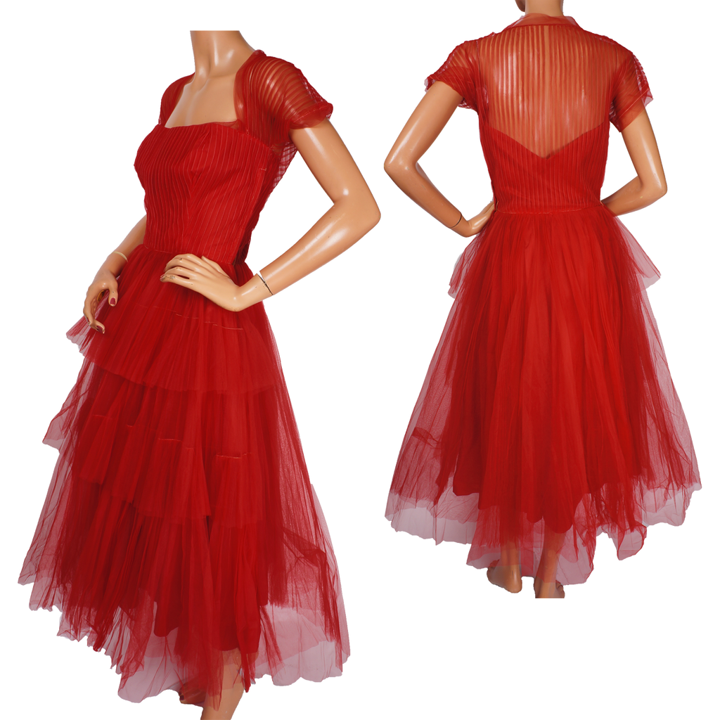 Vintage 1950s Red Tulle Party Dress by Rappi for Saks Fifth Avenue - Poppy's Vintage Clothing