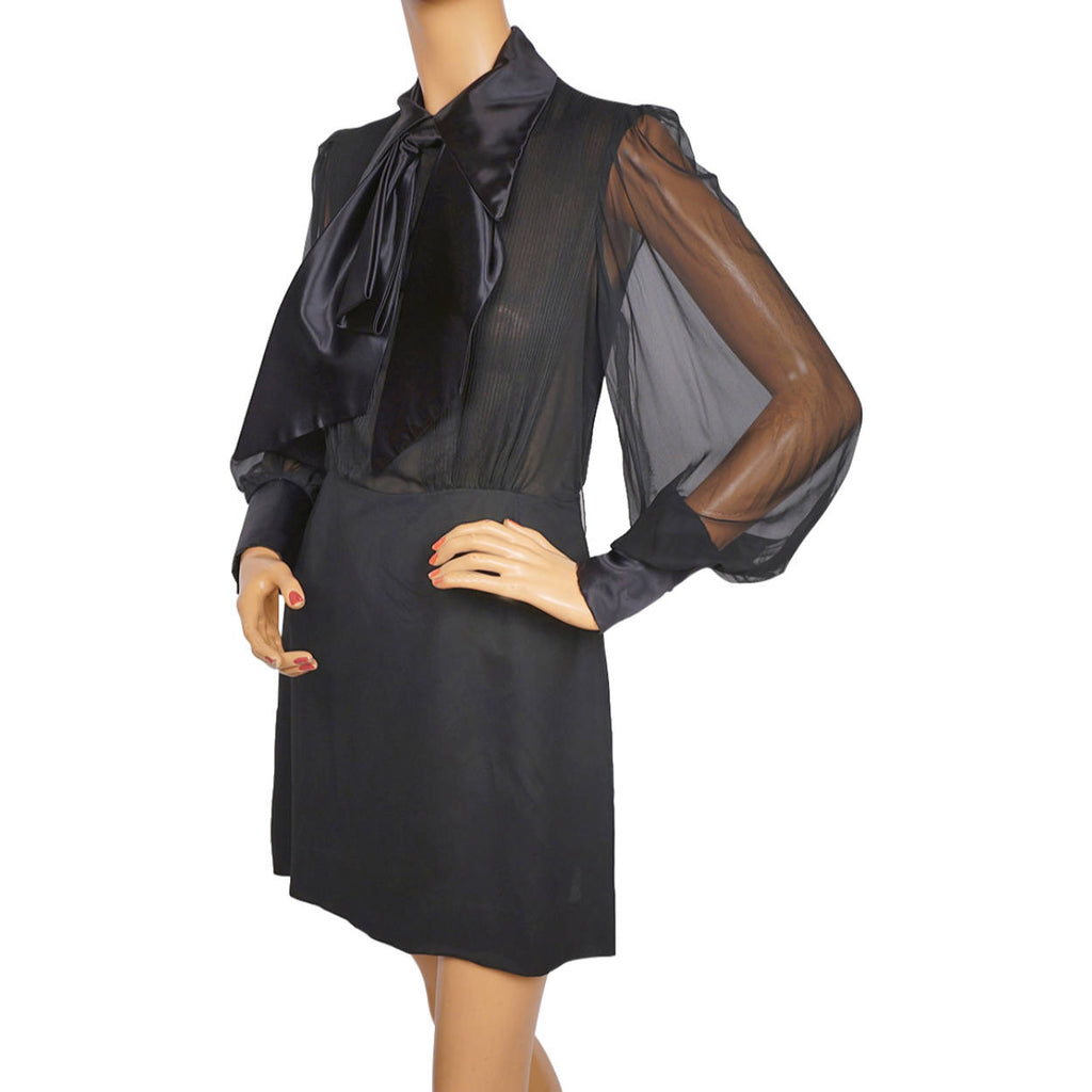 Vintage 1970s Mod Mini Dress Black Chiffon and Satin - Dolly Rocker Style - Size M - Poppy's Vintage Clothing
