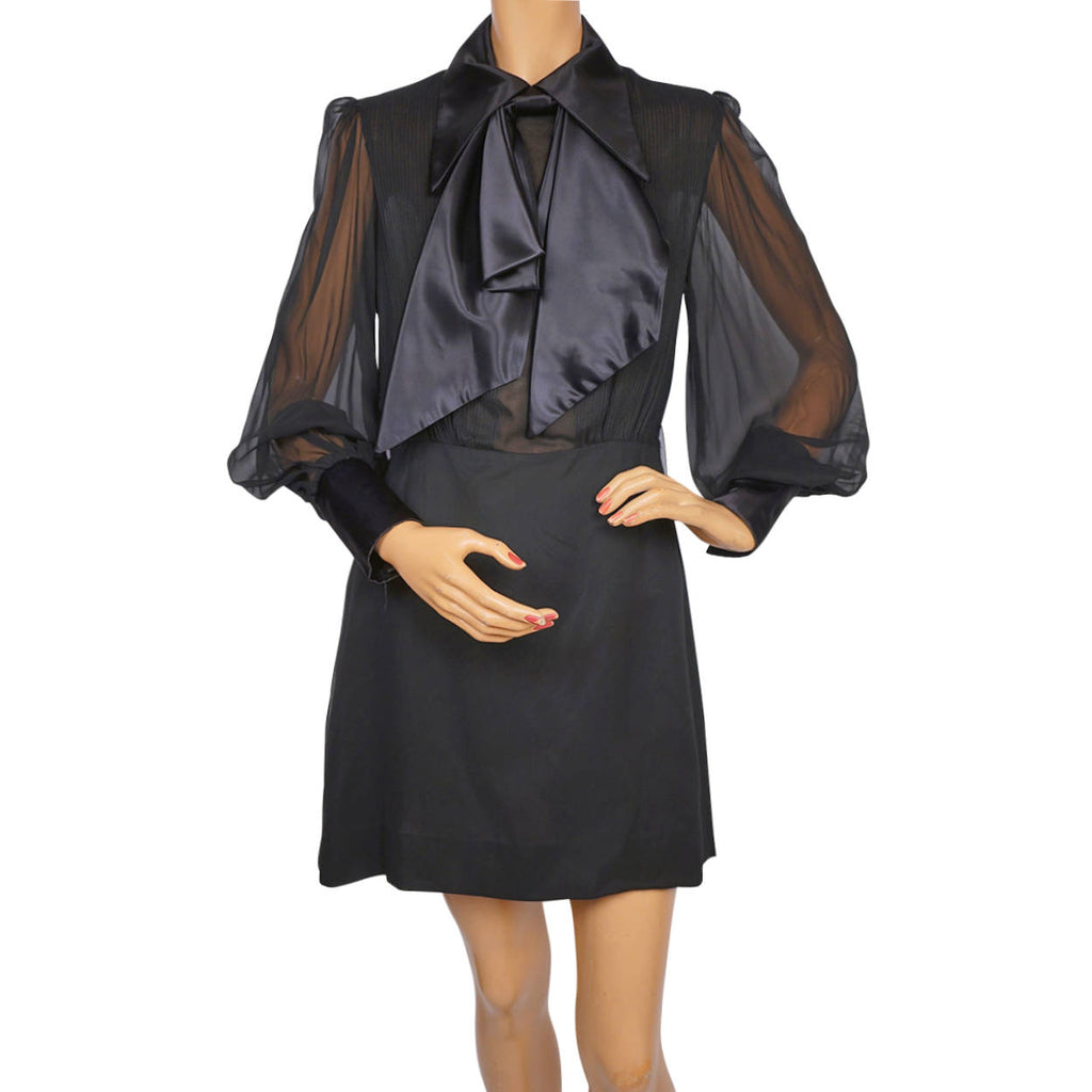Vintage 1970s Mod Mini Dress Black Chiffon and Satin - Dolly Rocker Style - Size M - Poppy's Vintage Clothing