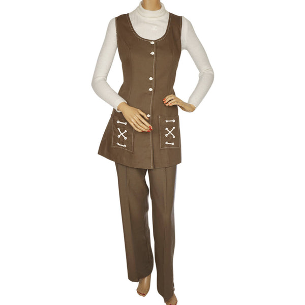 Vintage 1960s 70s Vest &amp; Pants Set Brown Linen Ladies Unused Size M - Poppy's Vintage Clothing