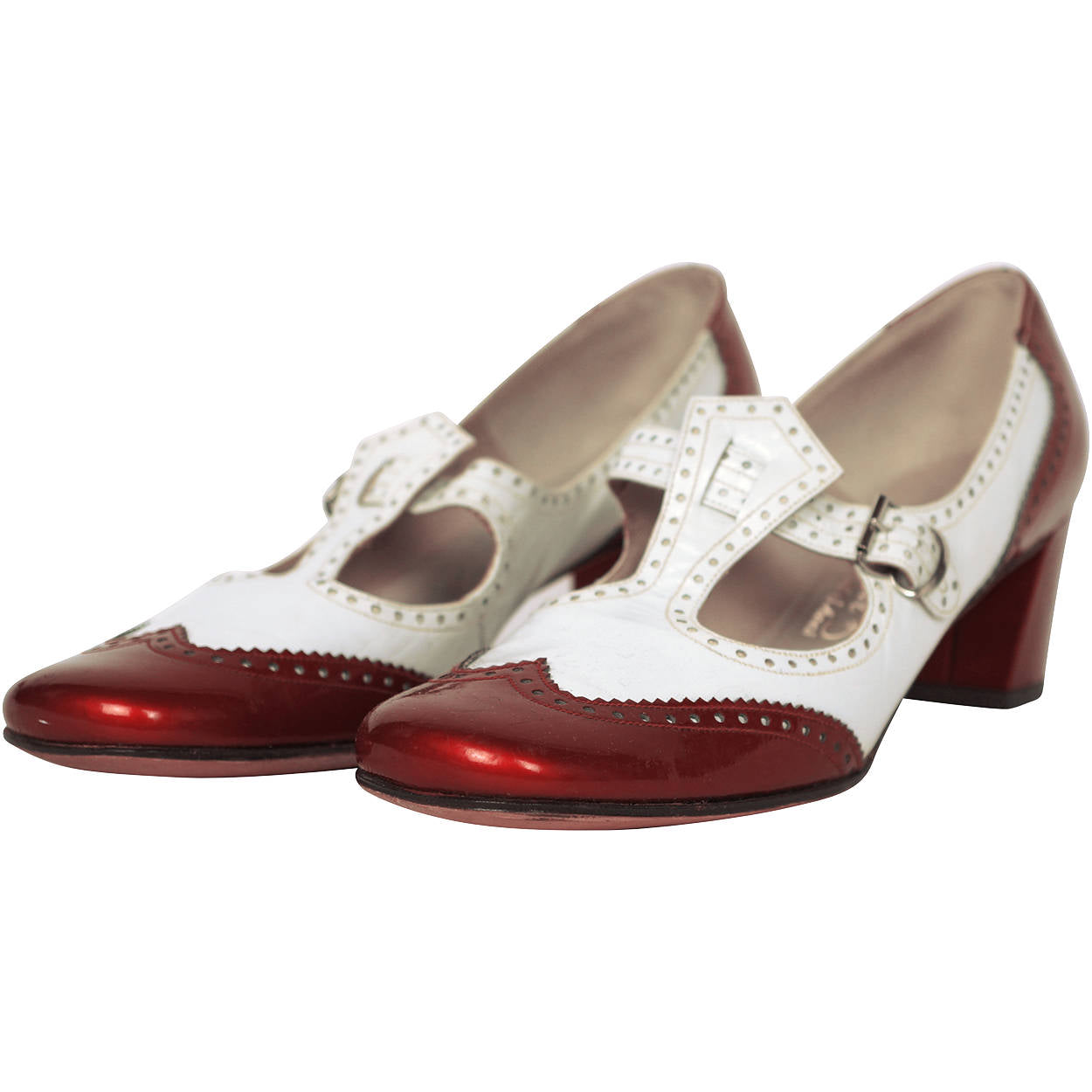 Vintage 1960s Shoes Ladies White &amp; Red Patent Leather T Strap Brogues 8.5 2A/4A - Poppy's Vintage Clothing