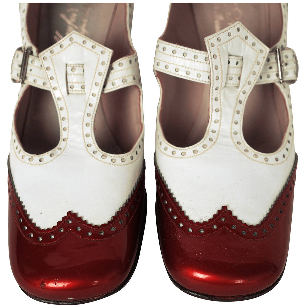 Vintage 1960s Shoes Ladies White &amp; Red Patent Leather T Strap Brogues 8.5 2A/4A - Poppy's Vintage Clothing