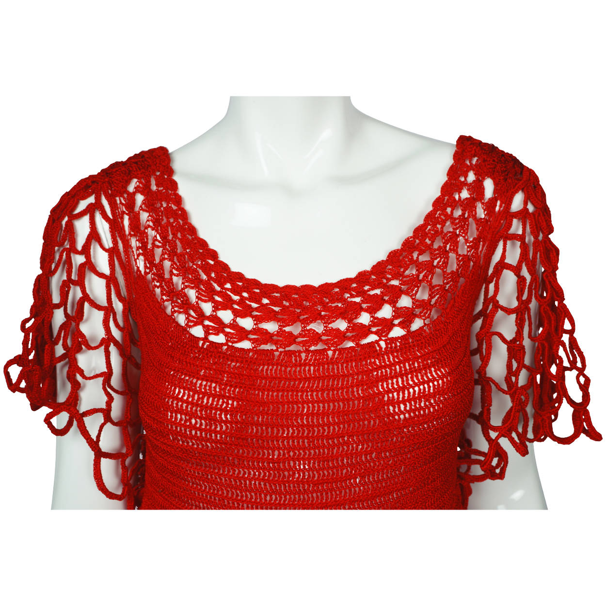 Vintage 1960s Red Crochet Top Hand Knit Pullover Size M - Poppy's Vintage Clothing