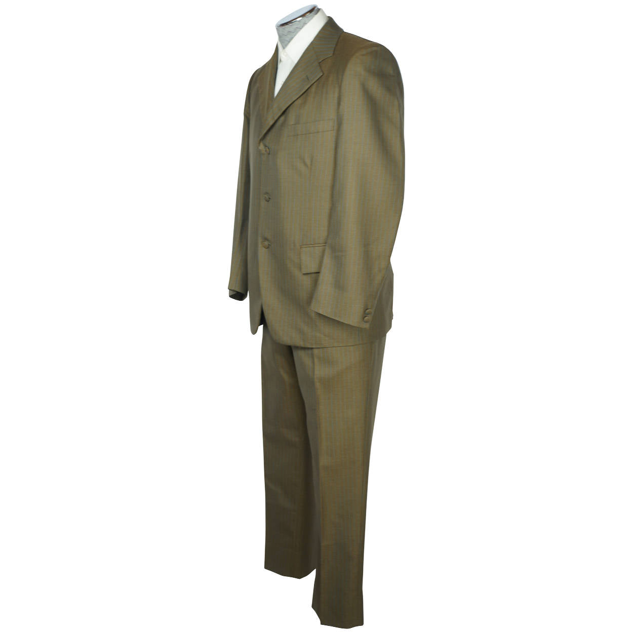 Vintage 1960s Mens Shiny Suit Green Wool w Blue Pinstripe Tailor Craft Size M - Poppy's Vintage Clothing