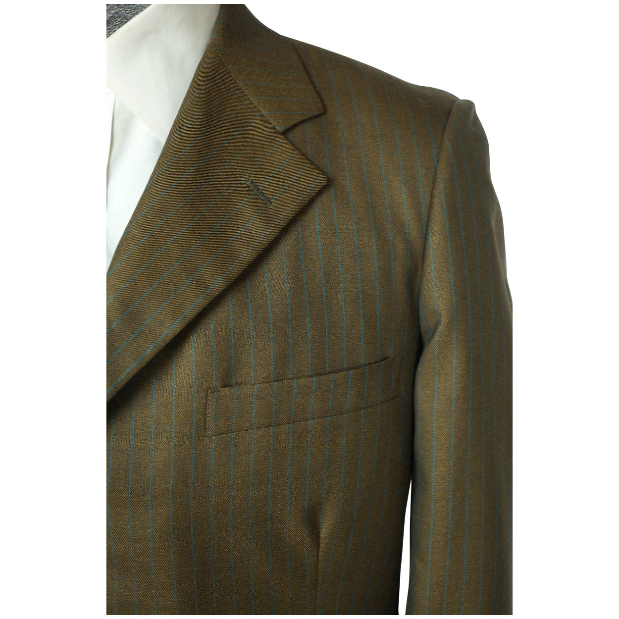 Vintage 1960s Mens Shiny Suit Green Wool w Blue Pinstripe Tailor Craft Size M - Poppy's Vintage Clothing