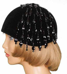 1960s Cloche Hat with Crystal Beads, Black Felt - Poppy's Vintage Clothing