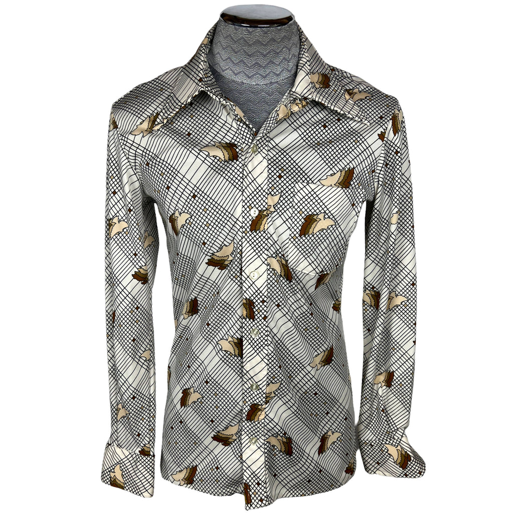 Vintage 1970s Disco Shirt Polyester Bird Pattern Size XL