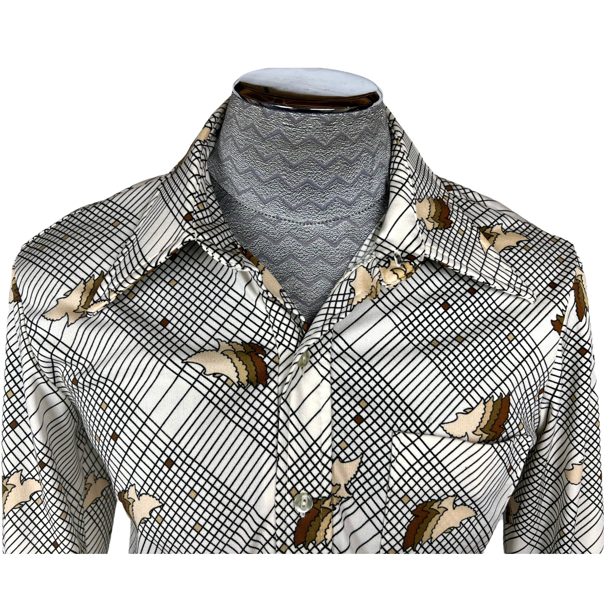 Vintage 1970s Disco Shirt Polyester Bird Pattern Size XL