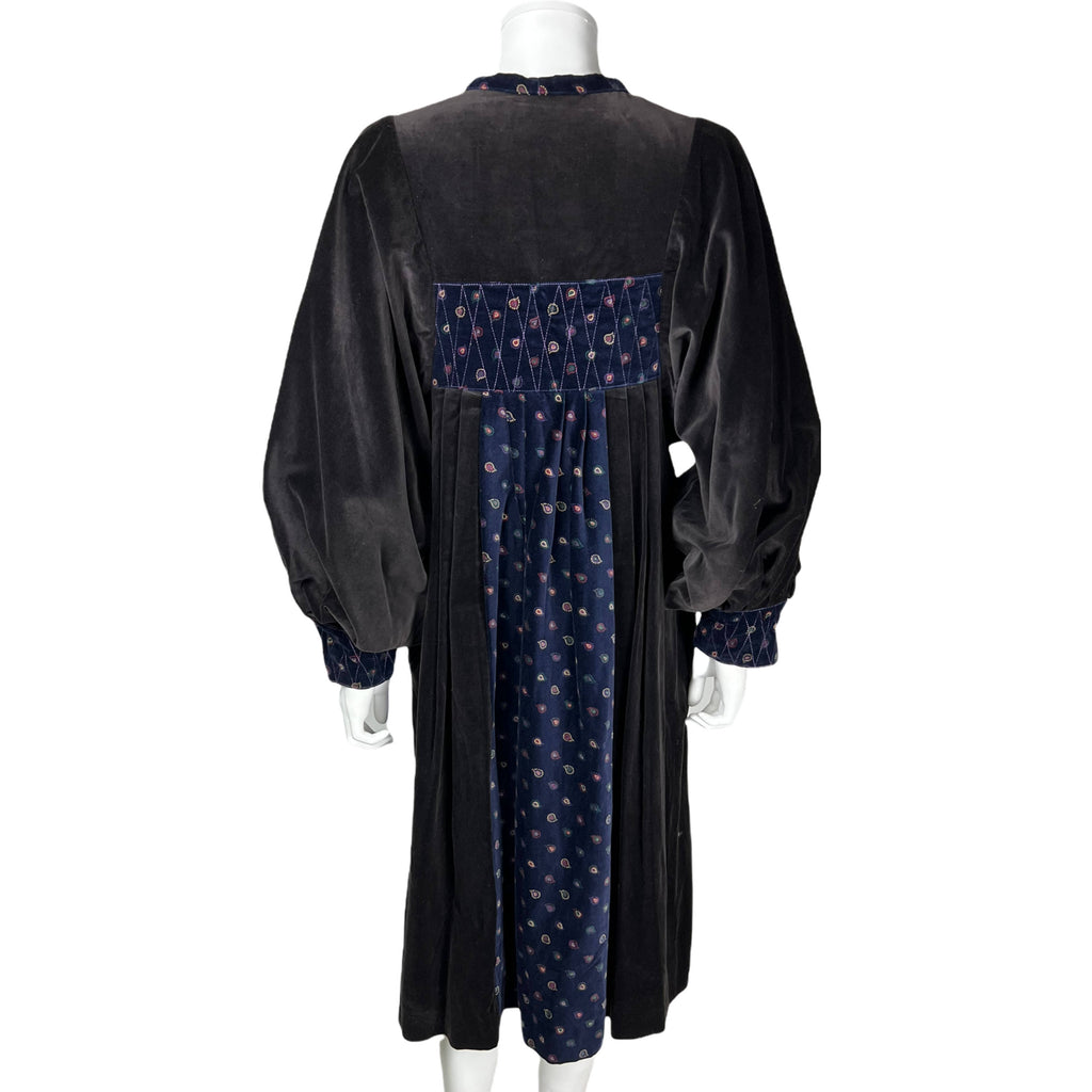 1970s Vintage Velvet Boho Dress Hippie Chic Black and Blue M