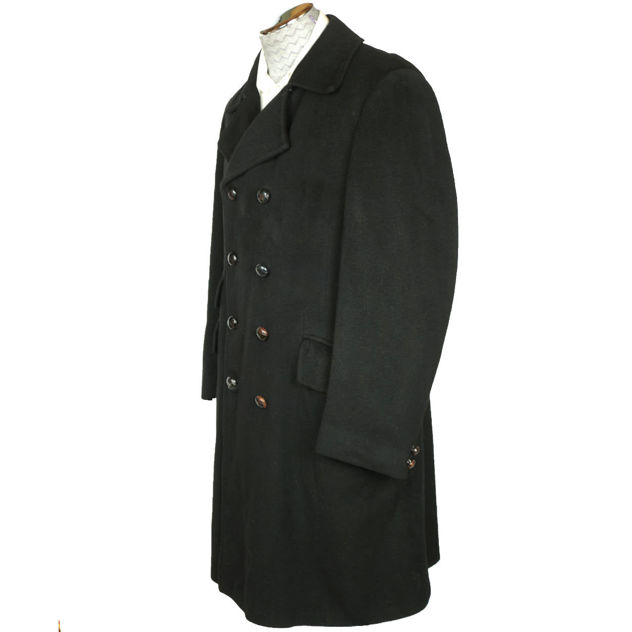 Vintage 1960s Mens Mod Overcoat 100% Pure Cashmere Black Coat Size M L - Poppy's Vintage Clothing