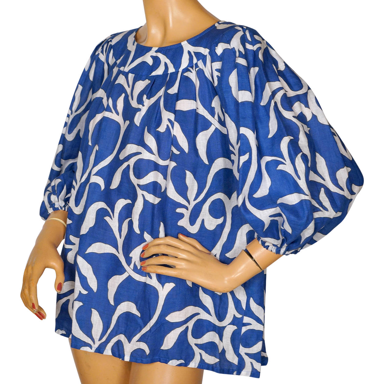 Vintage 1970s Guy Laroche Top Blue & White Print Cotton Linen Size Small 4 - Poppy's Vintage Clothing