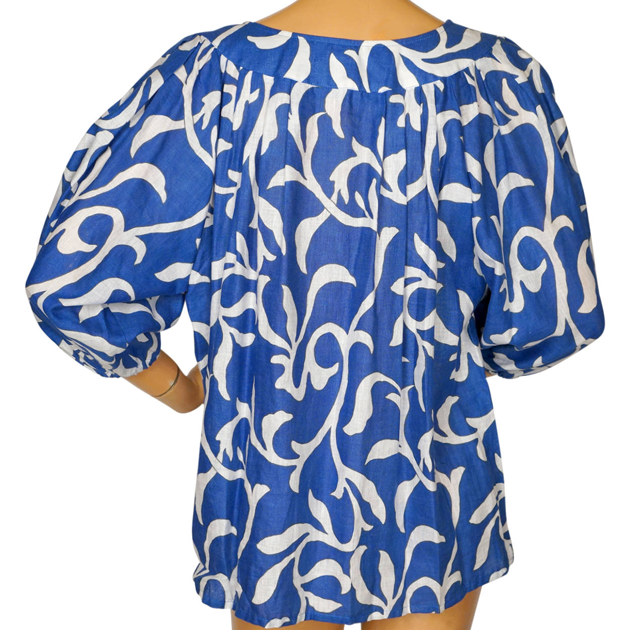 Vintage 1970s Guy Laroche Top Blue & White Print Cotton Linen Size Small 4 - Poppy's Vintage Clothing