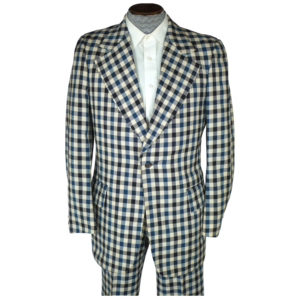 Vintage 1970s Mens Suit Checked Wool Blue & White Check Dated 1973 Size M - Poppy's Vintage Clothing