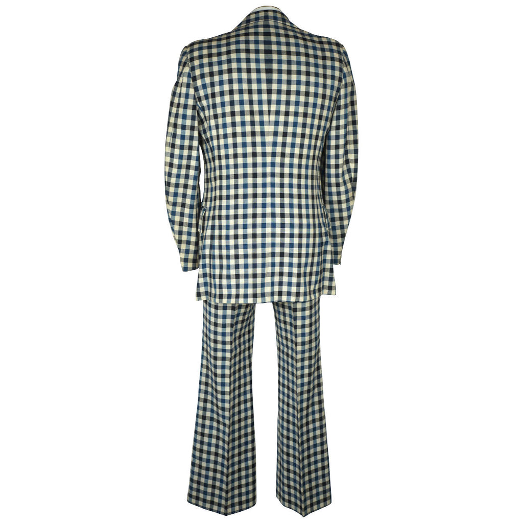 Vintage 1970s Mens Suit Checked Wool Blue & White Check Dated 1973 Size M - Poppy's Vintage Clothing