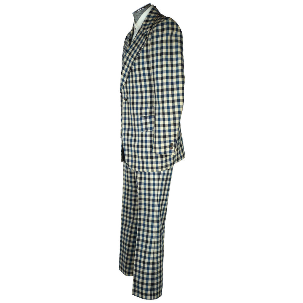 Vintage 1970s Mens Suit Checked Wool Blue & White Check Dated 1973 Size M - Poppy's Vintage Clothing
