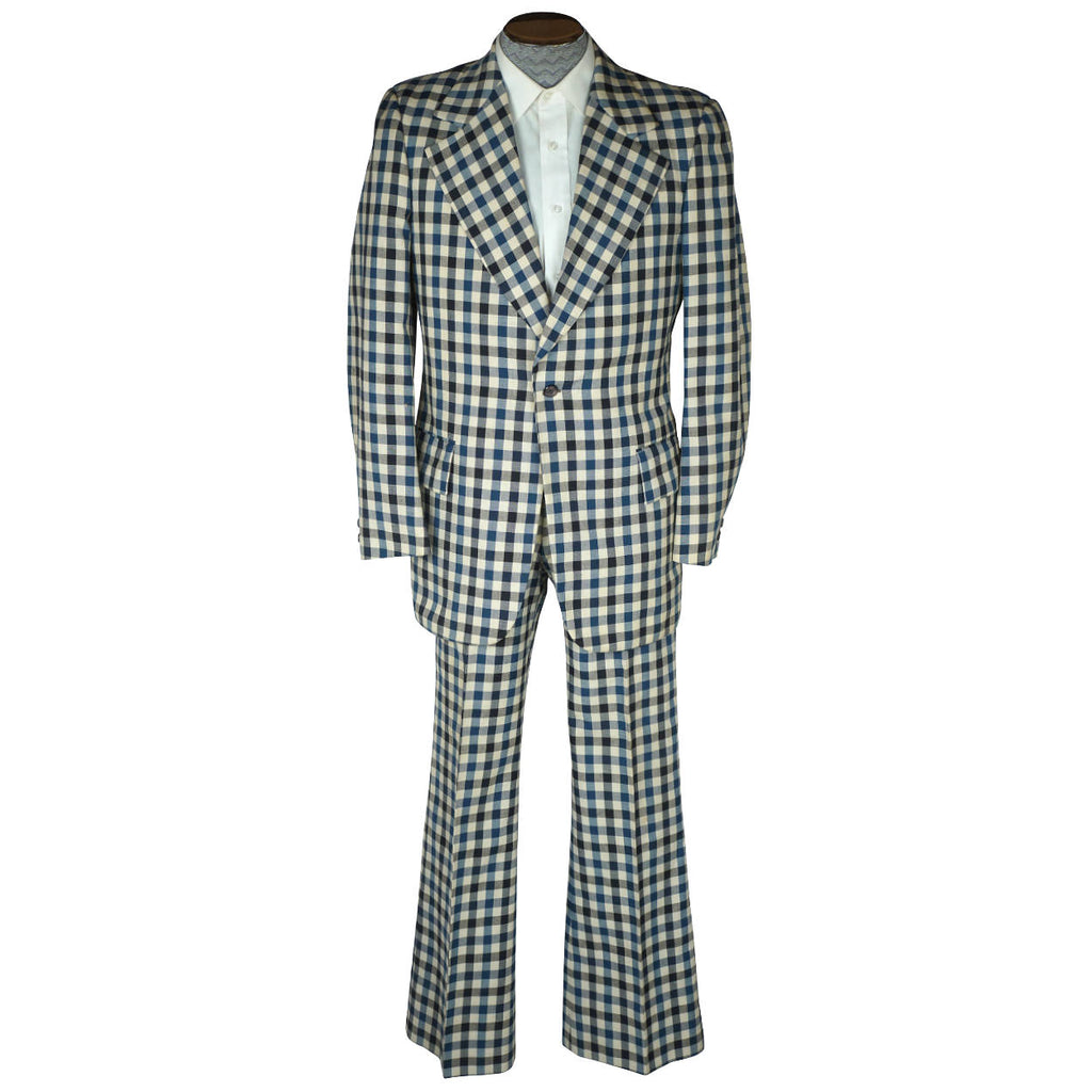 Vintage 1970s Mens Suit Checked Wool Blue & White Check Dated 1973 Size M - Poppy's Vintage Clothing
