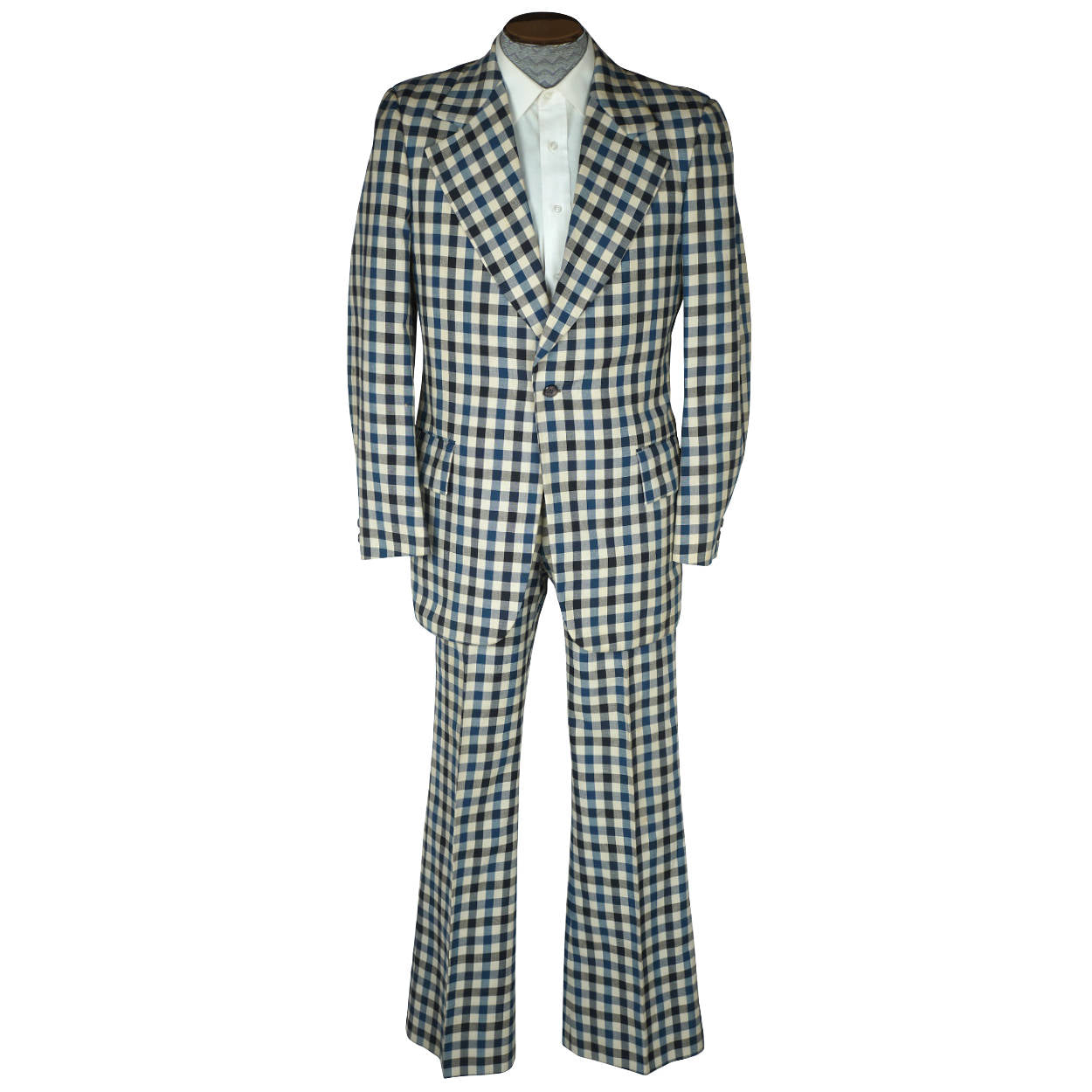 Vintage 1970s Mens Suit Checked Wool Blue & White Check Dated 1973 Size M - Poppy's Vintage Clothing