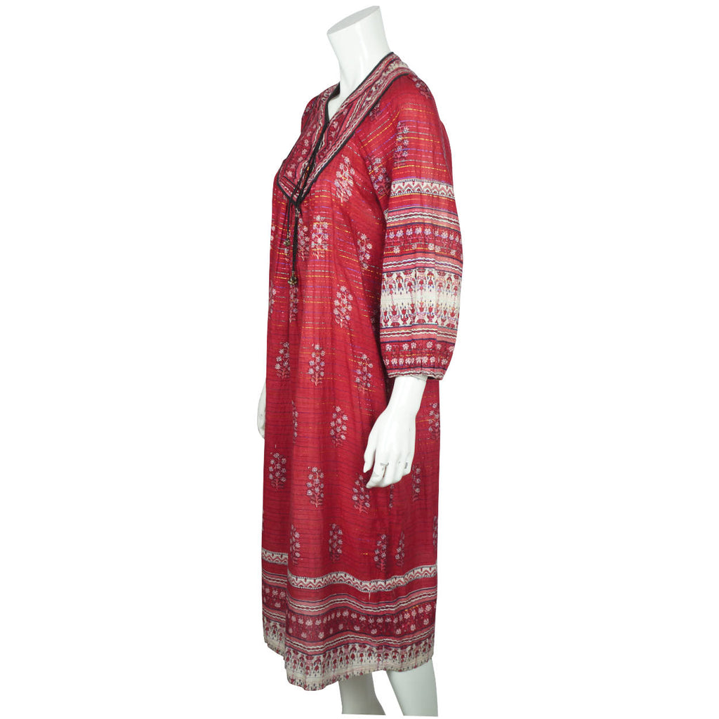 Vintage 1970s Indian Cotton Gauze Dress Red Block Printed w Metallic Thread Sz M - Poppy's Vintage Clothing
