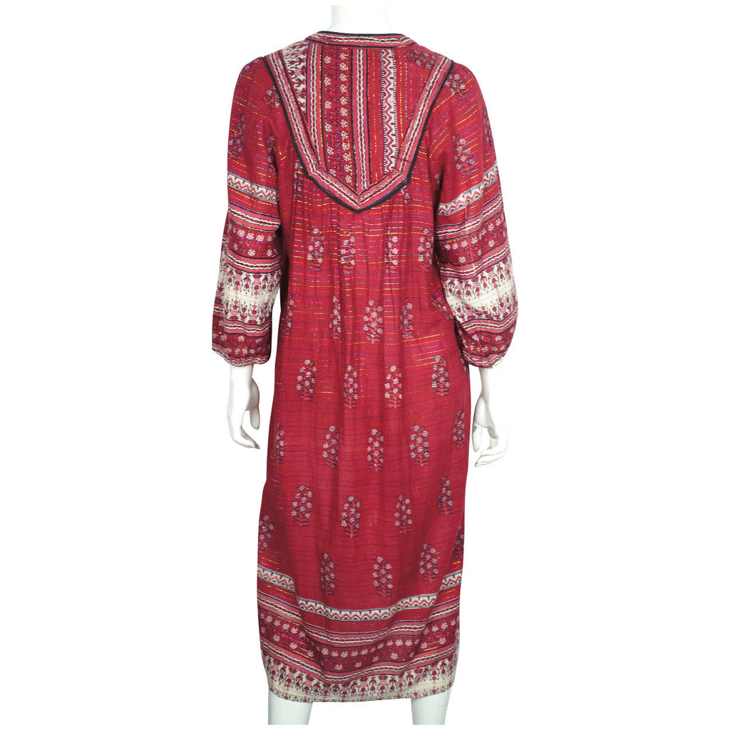 Vintage 1970s Indian Cotton Gauze Dress Red Block Printed w Metallic Thread Sz M - Poppy's Vintage Clothing