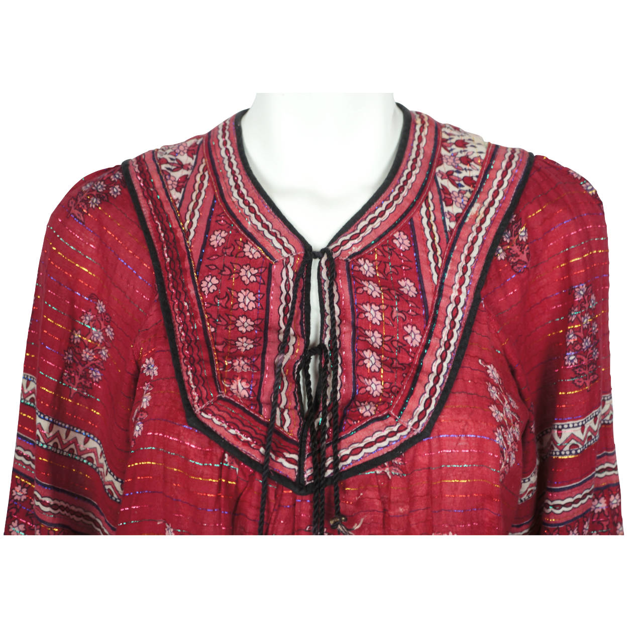 Vintage 1970s Indian Cotton Gauze Dress Red Block Printed w Metallic Thread Sz M - Poppy's Vintage Clothing