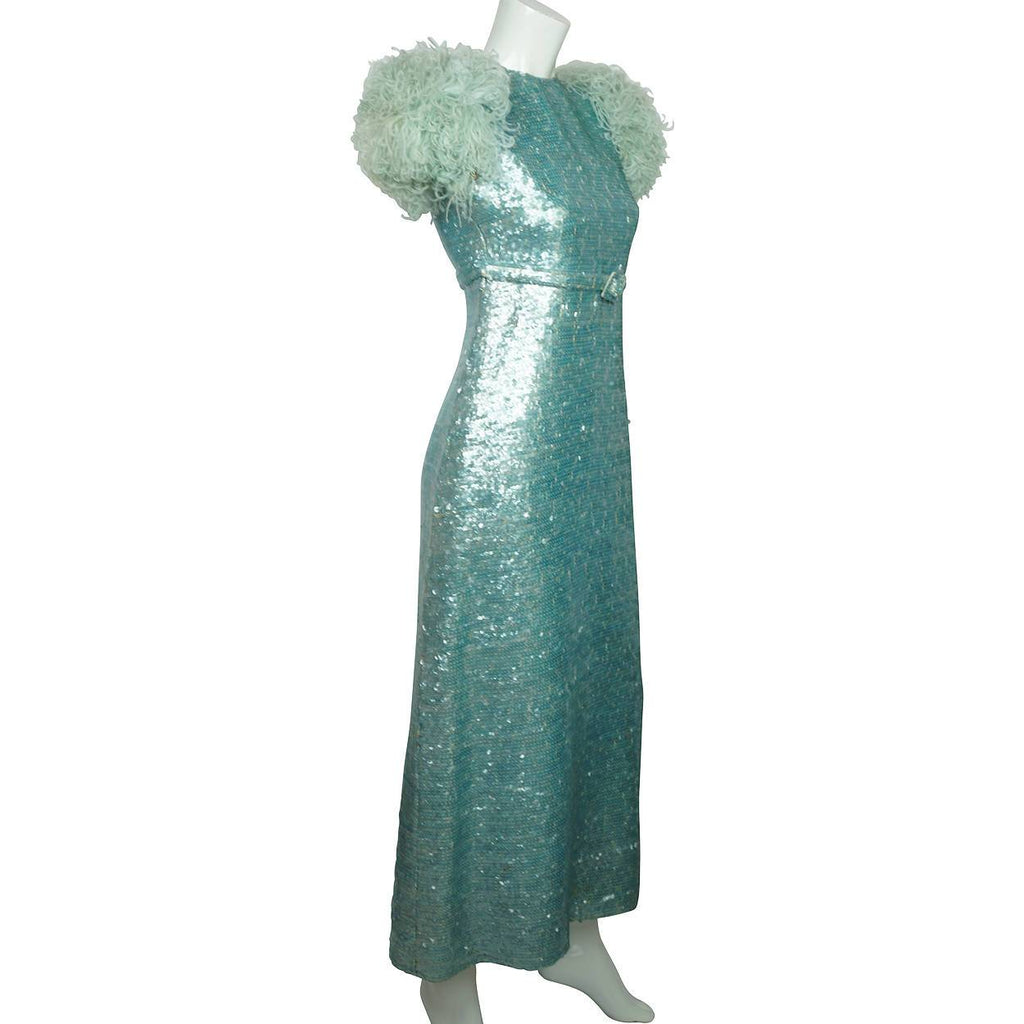 Vintage 1960s Blue Sequin Ball Gown Evening Dress - Sz Small - Poppy's Vintage Clothing